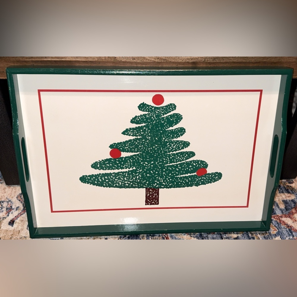 VTG Furio Christmas Tree Holiday Wooden Serving Tray w/Handles Green/Red